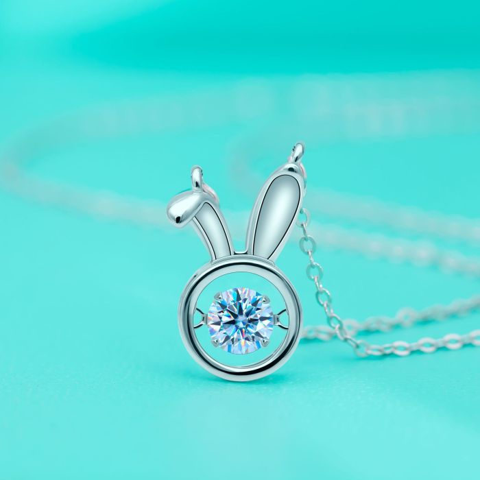 Moissanite Moon Bunny Necklace for Women, S925 Sterling Silver Pendant