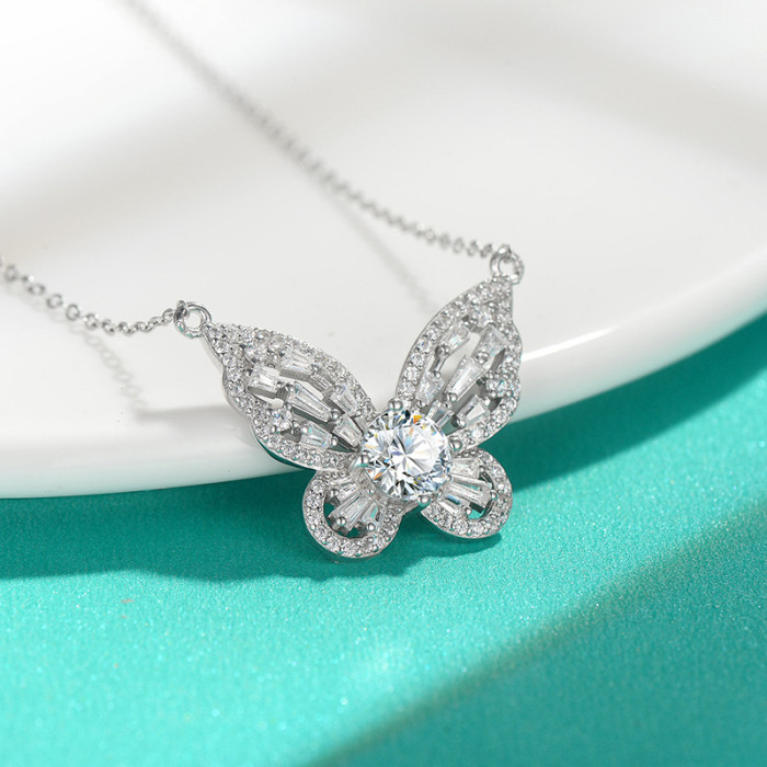 High-grade sterling silver S925 butterfly full diamond clavicle necklace, niche design,  moissanite diamond necklace