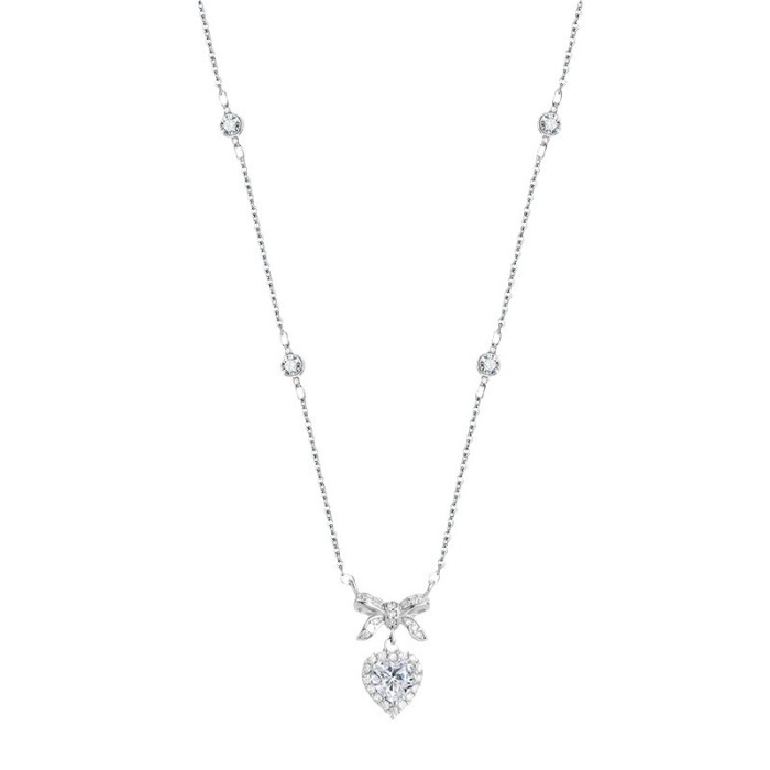S925 Sterling Silver Moissanite Diamond Necklace for Women: Simple and Stylish Bow Collarbone Chain, Exquisite and Elegant Heart Pendant