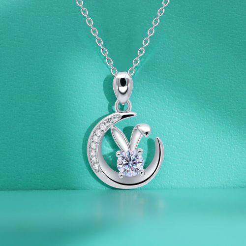 Moissanite Moon Rabbit Necklace for Women, S925 Sterling Silver Pendant, Versatile