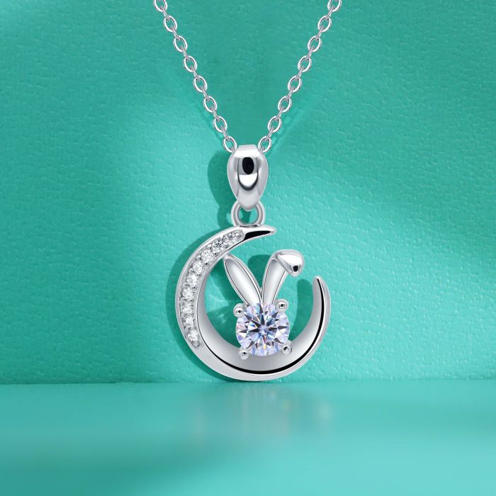 Moissanite Moon Rabbit Necklace for Women, S925 Sterling Silver Pendant, Versatile