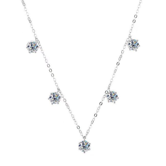 S925 Sterling Silver Classic Six-Prong Moissanite Necklace for Women, Unique Design, Collarbone Chain