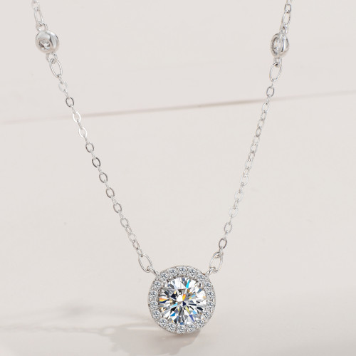 Moissanite necklace for women, S925 sterling silver round pendant with micro-pave setting, high-end and understated luxury.