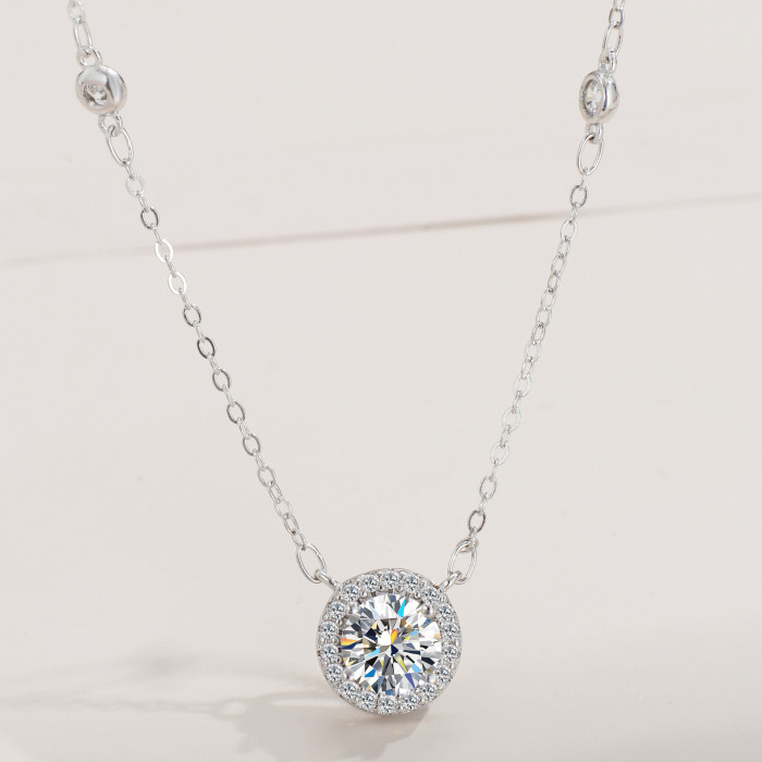 Moissanite necklace for women, S925 sterling silver round pendant with micro-pave setting, high-end and understated luxury.