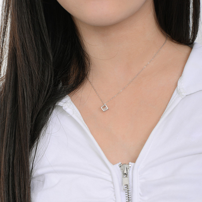 925 Sterling Silver Geometric Square Diamond Pendant Clavicle Chain Necklace with Minimalist and Cool Style Openwork 3D Design