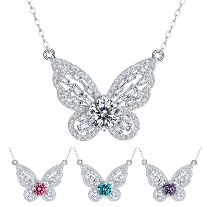 High-grade sterling silver S925 butterfly full diamond clavicle necklace, niche design,  moissanite diamond necklace