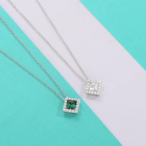 S925 Sterling Silver Moissanite Emerald Square Necklace, Light Luxury, Simple and Stylish Clavicle Chain, Versatile Fashion Pendant