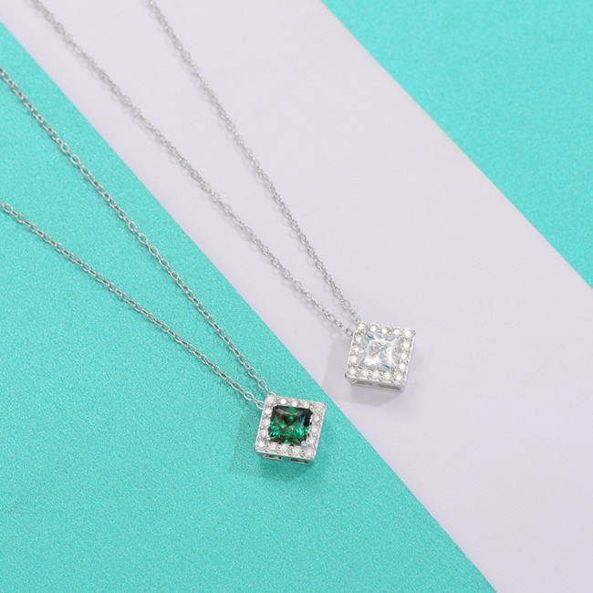 S925 Sterling Silver Moissanite Emerald Square Necklace, Light Luxury, Simple and Stylish Clavicle Chain, Versatile Fashion Pendant