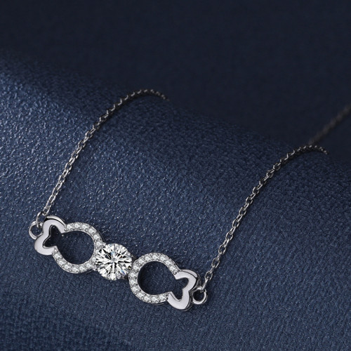 Moissanite S925 sterling silver necklace for women, fish-shaped bow, simple and stylish pendant, niche design, clavicle chain.