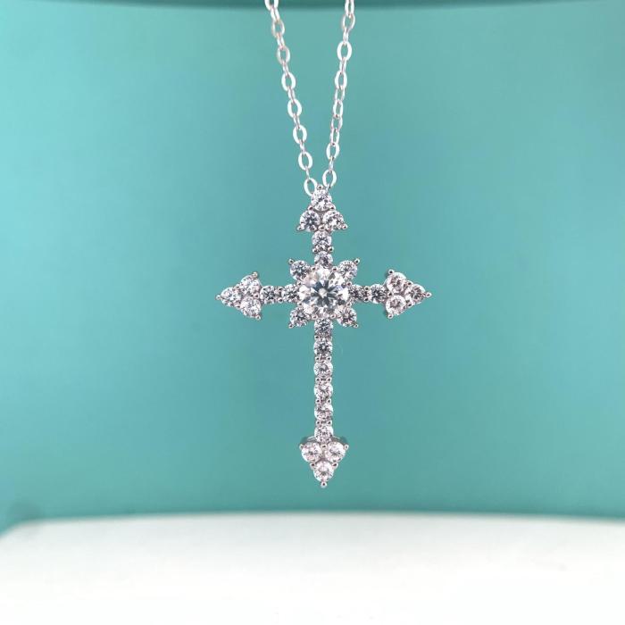 S925 Sterling Silver Moissanite Diamond Cross Pendant Necklace for Women - Simple, Stylish, and Niche
