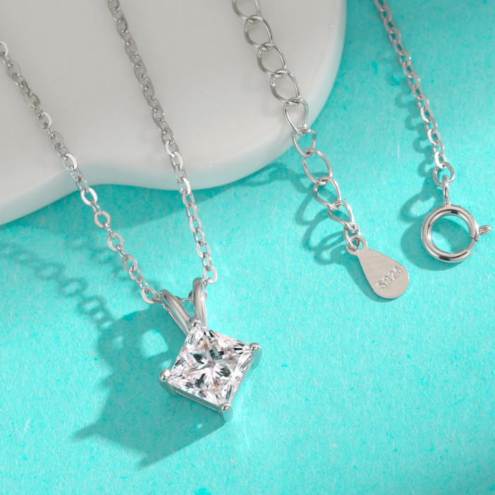 S925 Sterling Silver Princess Moissanite Pendant, Simple and Stylish V-Shaped Diamond Necklace, Square Clavicle Chain