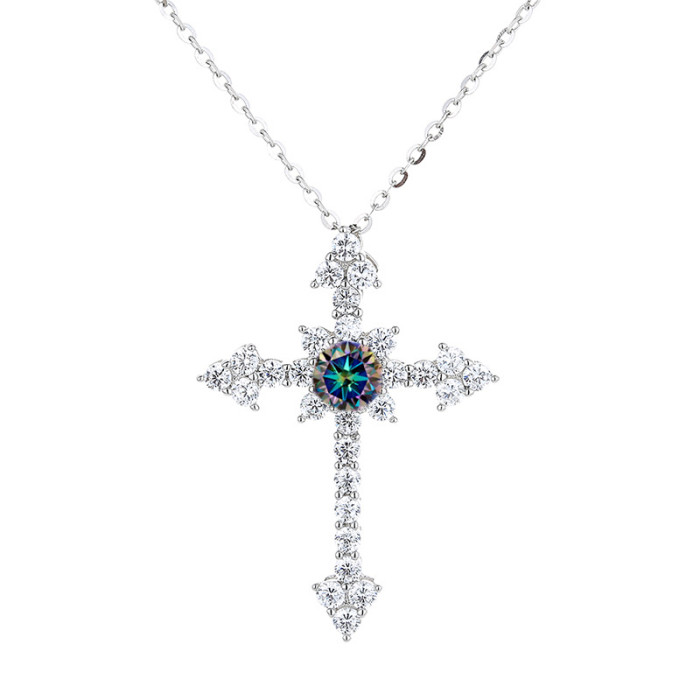 S925 Sterling Silver Moissanite Diamond Cross Pendant Necklace for Women - Simple, Stylish, and Niche