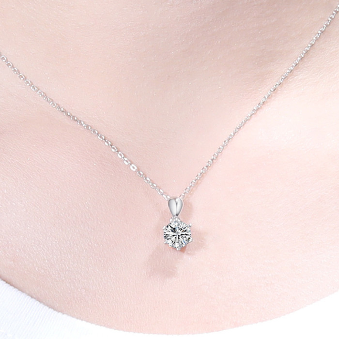 S925 Sterling Silver Necklace for Women, Moissanite, Classic Six-Prong Prong, Simulated Diamond Clavicle Chain