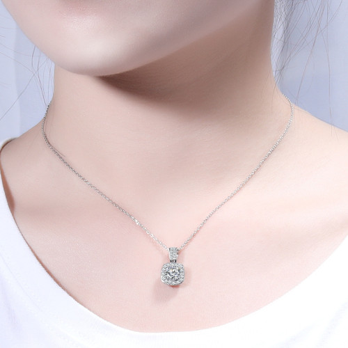 Moissanite small sugar cube square bag necklace for women, S925 sterling silver pendant, fashionable clavicle chain plated with PT950 platinum.