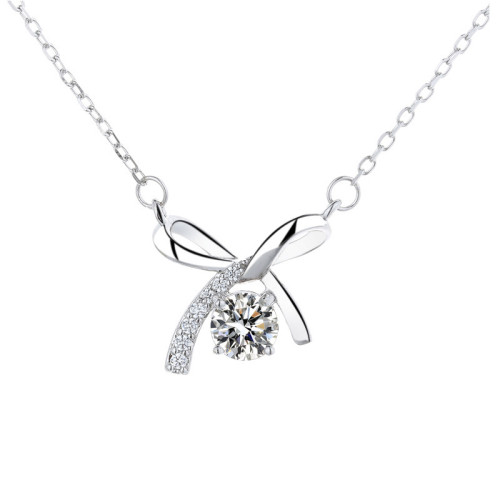 S925 Sterling Silver Bow Necklace for Women, Niche Design, Moissanite Necklace, One Diamond Clavicle Chain