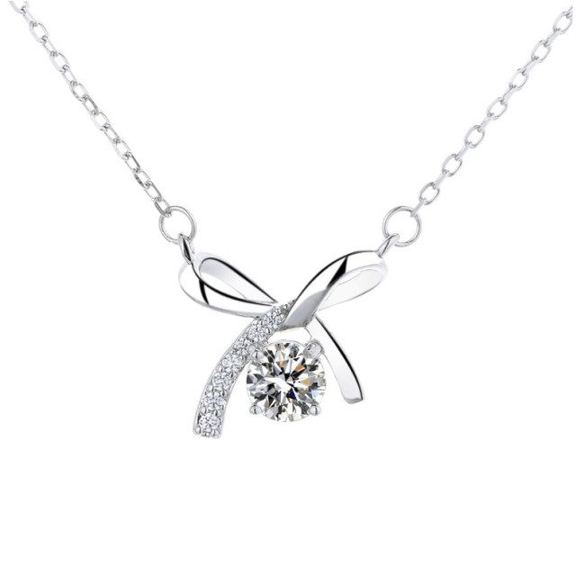 S925 Sterling Silver Bow Necklace for Women, Niche Design, Moissanite Necklace, One Diamond Clavicle Chain