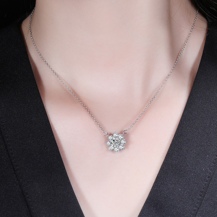 S925 Sterling Silver Moissanite Sunflower Necklace for Women, Unique Style, Full Diamond Flower Clavicle Chain