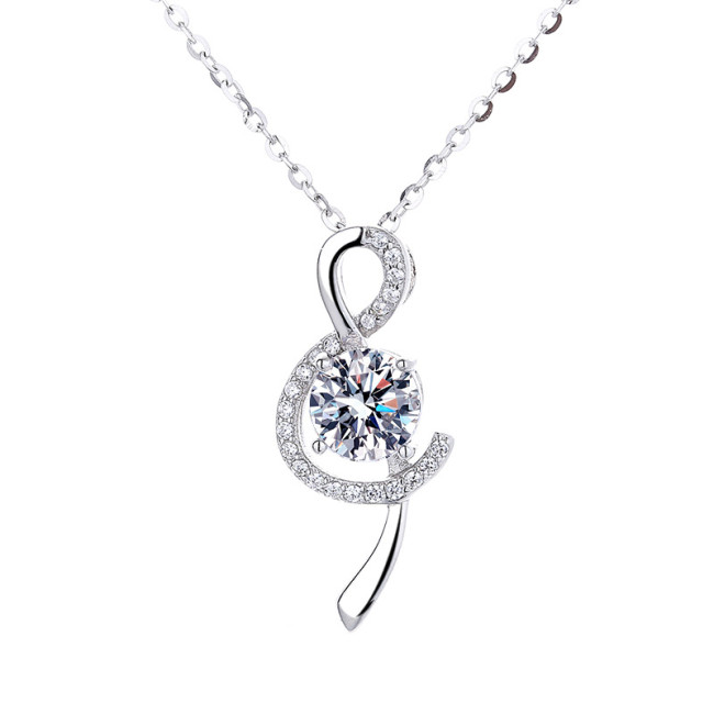 Moissanite musical note necklace for women, S925 sterling silver four-prong pendant, platinum plated.