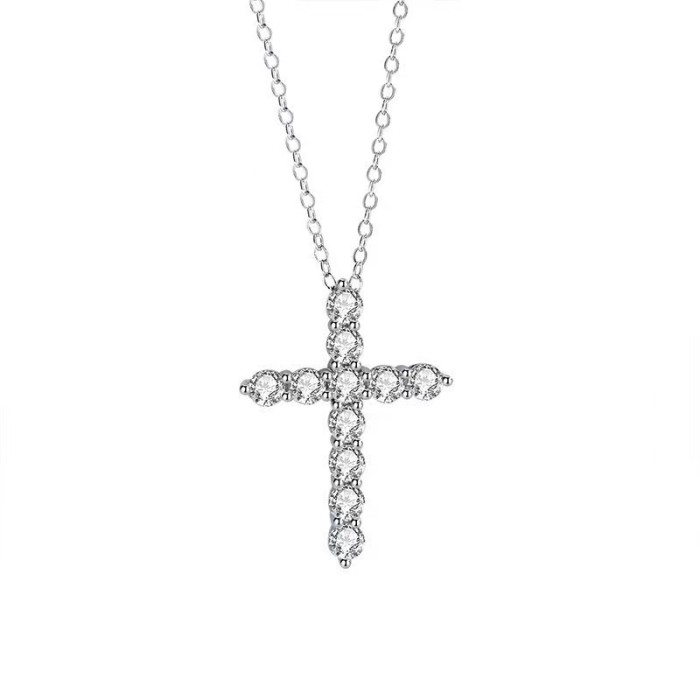 S925 Sterling Silver 10 Moissanite Cross Chain Pendant, a luxurious and sophisticated collarbone necklace.