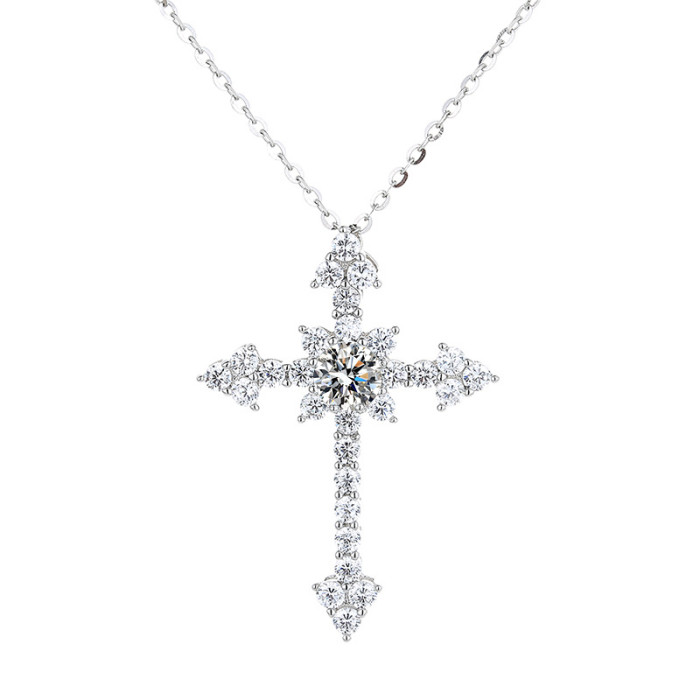 S925 Sterling Silver Moissanite Diamond Cross Pendant Necklace for Women - Simple, Stylish, and Niche