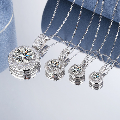 S925 Sterling Silver Moissanite Necklace for Women, Extra Large Size 10 Carat Round Pendant Collarbone Chain