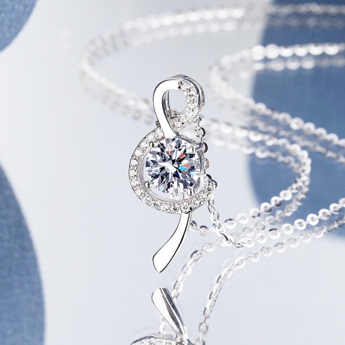 Moissanite musical note necklace for women, S925 sterling silver four-prong pendant, platinum plated.