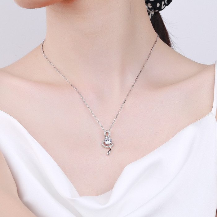 Moissanite musical note necklace for women, S925 sterling silver four-prong pendant, platinum plated.