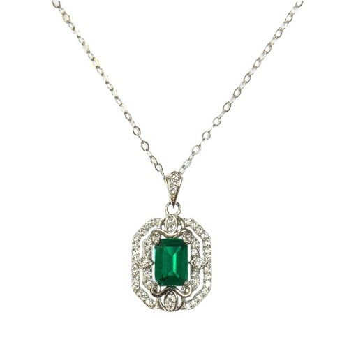 S925 Sterling Silver Vintage Elegant Simple Clavicle Chain with Artificial Emerald Pendant for Women