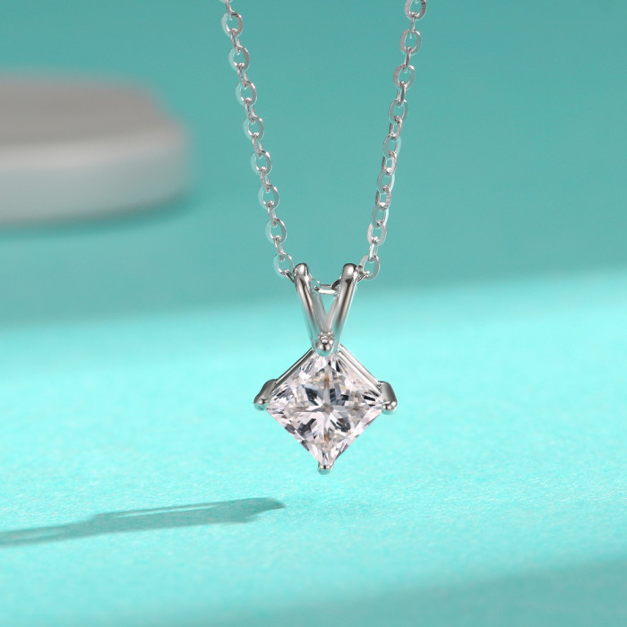 S925 Sterling Silver Princess Moissanite Pendant, Simple and Stylish V-Shaped Diamond Necklace, Square Clavicle Chain