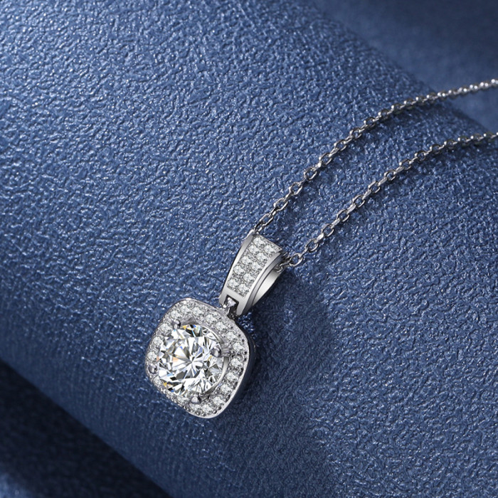 Moissanite small sugar cube square bag necklace for women, S925 sterling silver pendant, fashionable clavicle chain plated with PT950 platinum.