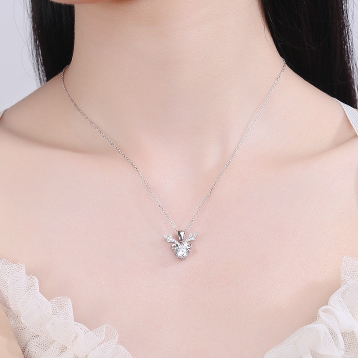 S925 Sterling Silver Moissanite Antler Silver Pendant Necklace - Niche High-End Collarbone Chain