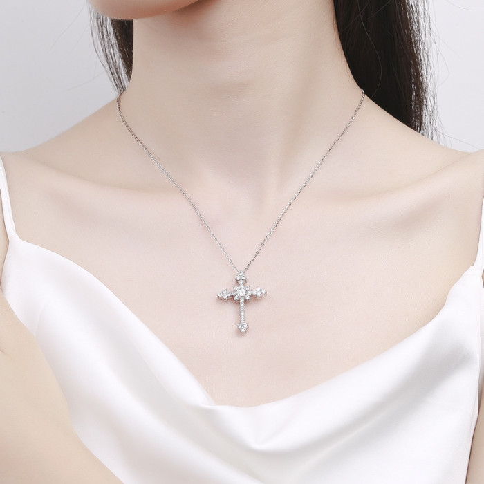 S925 Sterling Silver Moissanite Diamond Cross Pendant Necklace for Women - Simple, Stylish, and Niche