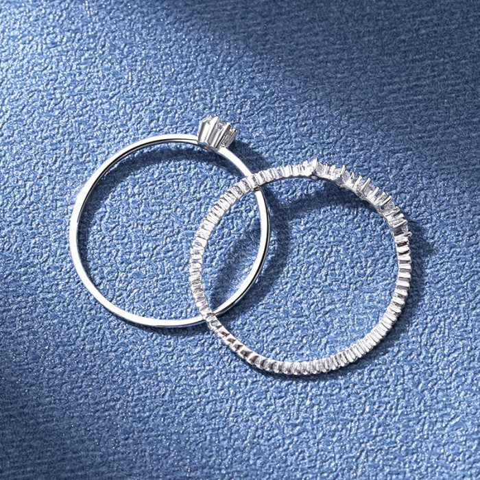 Moissanite Double-Layer Stackable Ring for Women, S925 Sterling Silver Set, Plated with White Gold, Delicate Small Finger Ring
