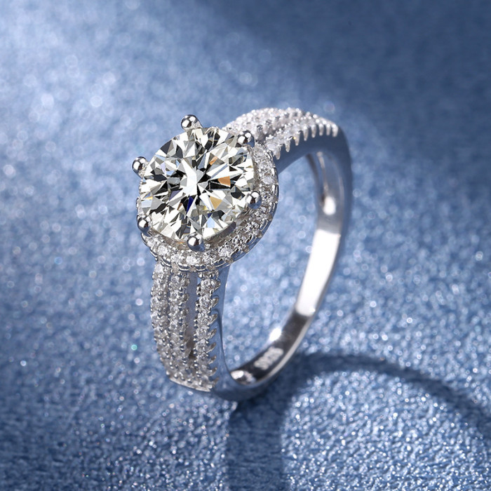 Moissanite Luxury Inlaid Round Cut Ring for Women S925 Sterling Silver D Color Engagement Six-Prong Diamond Ring Closed Setting Light Luxury