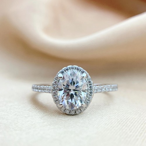 Four-claw oval moissanite diamond ring for women, S925 sterling silver, delicate thin band, small and exquisite, starry pattern, closed setting