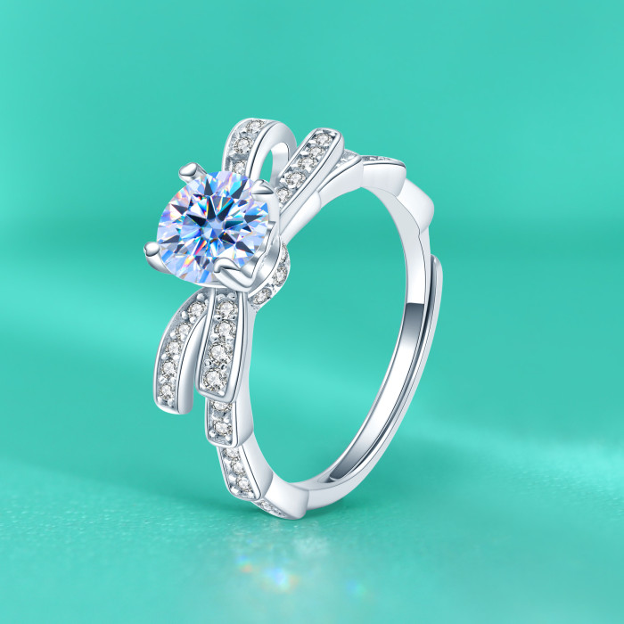 Moissanite Butterfly Knot Ring for Women, Open S925 Sterling Silver, Delicate Thin Band, Small and Exquisite, Simple Fashionable Light Luxury