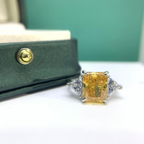 Pure Silver S925 Tianshu Ice Flower Cut Synthetic Gemstone in Pale Yellow and Pink, Luxurious and Elegant Square Diamond Ring for Women