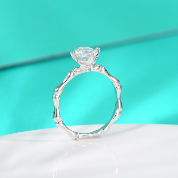 S925 Sterling Silver Moissanite Ring, Bamboo Design, Niche Minimalist Fashion, High-End Delicate Women's Ring