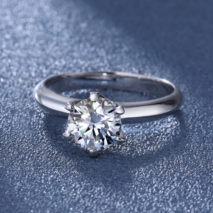 Pure Silver S925 Classic Six-Prong Moissanite Ring for Women, 18K Gold Plated, Versatile Geometric Jewelry