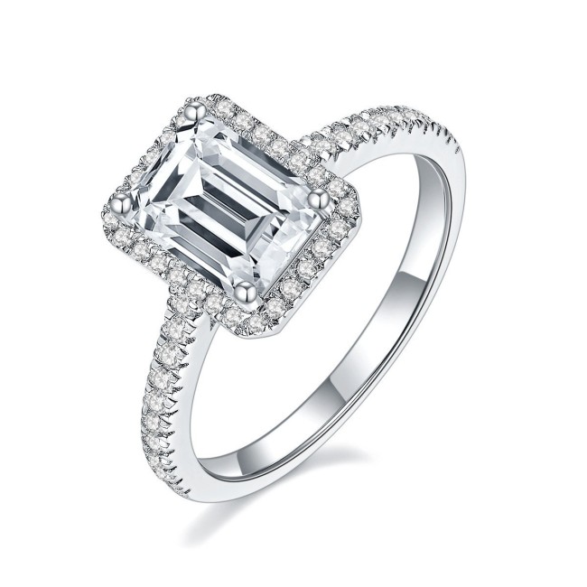 Moissanite Ring for Women S925 Sterling Silver Elegant Gemstone Emerald-Cut Square Green Zircon Ring