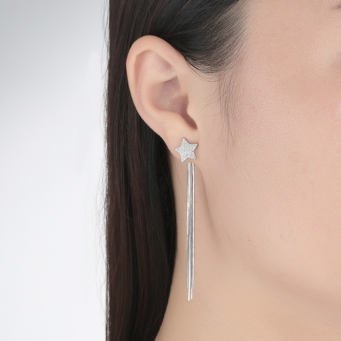 S925 Sterling Silver Moissanite Tassel Earrings, High-End Five-Pointed Star Earrings, Versatile and Simple Earrings