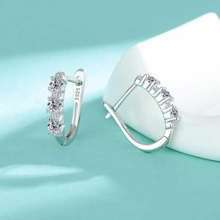 S925 Sterling Silver Moissanite Pavé Diamond Hoop Earrings, Single Row Diamond Clip Earrings, Niche, Simple, Elegant, Versatile Earrings