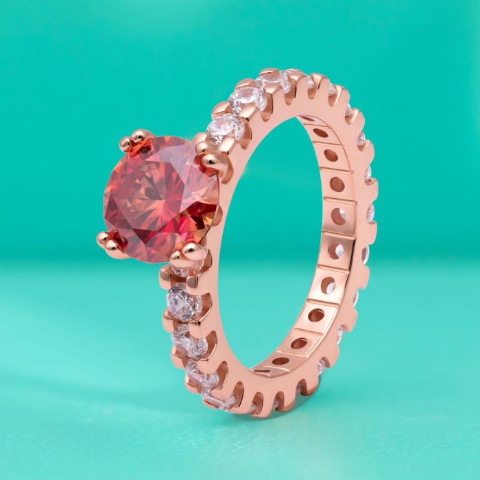 Colorful Red Morganite Full Ring for Women, Niche S925 Sterling Silver Single Row Rose Gold Claw Set, Fashionable
