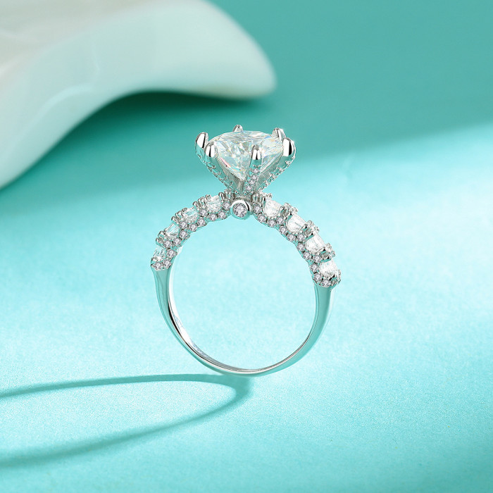 S925 Sterling Silver Aquamarine Firework-Cut Ring for Women, Delicate Style Wedding Ring with Hundreds of Facets, White Moissanite, Brilliant Sparkle