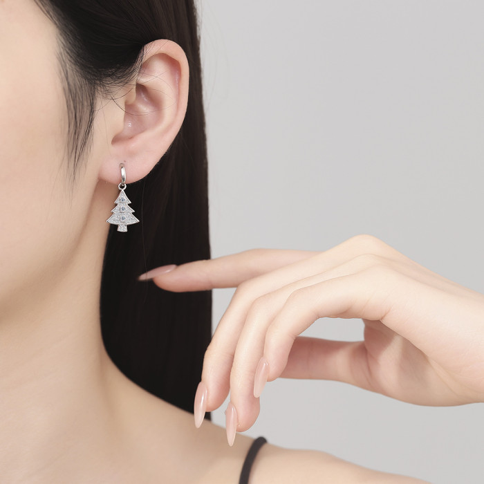 New S925 Sterling Silver Moissanite Christmas Tree Ear Hook Earrings - Stylish and High-End Earrings