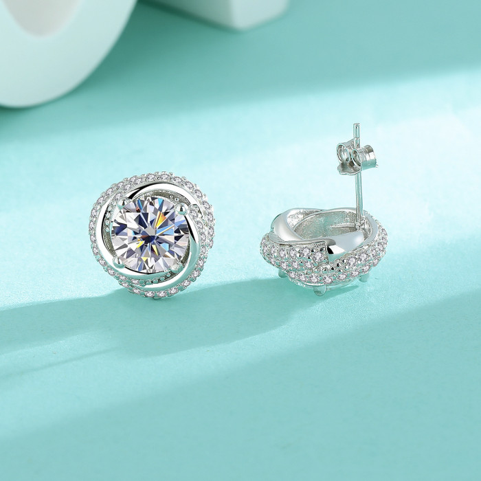 925 Sterling Silver Spiral Moissanite Three-Ring Stud Earrings, 2 Carat, Exquisite, High-End, Versatile, Rotating Earrings