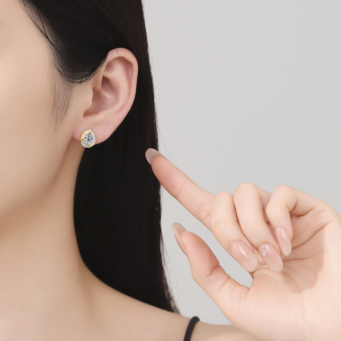 S925 sterling silver 18K gold plated egg-shaped moissanite stud earrings, 1-carat oval teardrop style versatile earrings