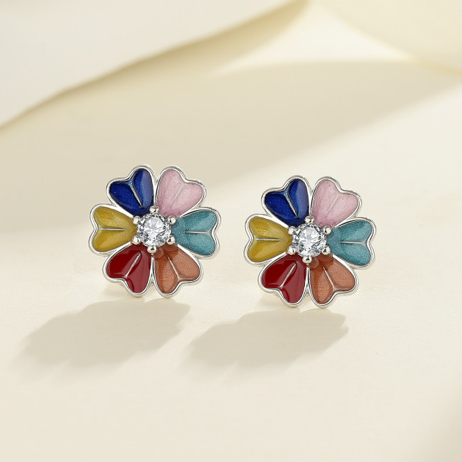 New hot-selling S925 sterling silver moissanite colored bone studs, fashionable and high-end flower stud earrings