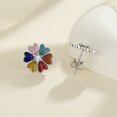 New hot-selling S925 sterling silver moissanite colored bone studs, fashionable and high-end flower stud earrings