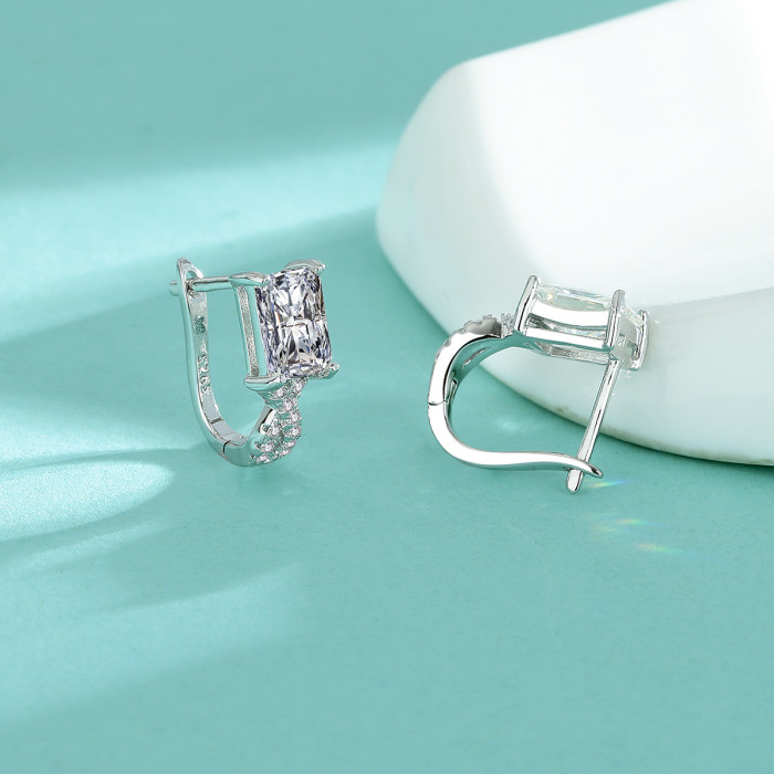 S925 Sterling Silver Moissanite Small Sugar Cube High-End Micro-Inlaid Earrings Elegant Ear Clips Simple and Stylish Hoops